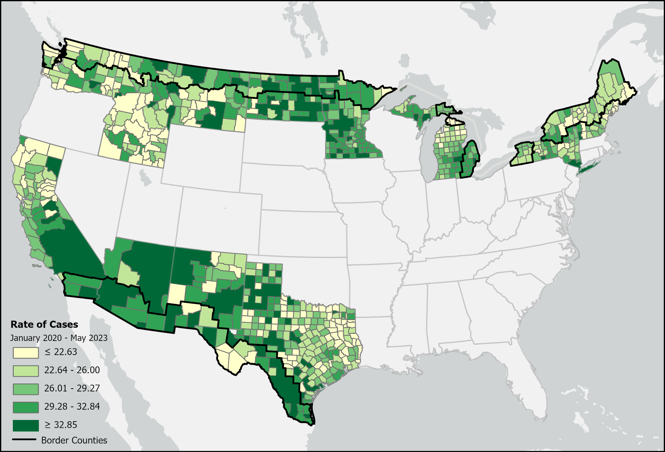 Map of the United States showing the rate of COVID cases in border states, broken down by county. From January 2020 to May 2023.
