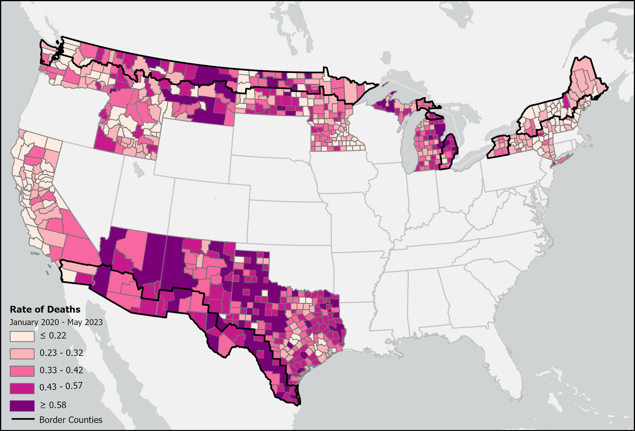 Map of the United States showing the rate of COVID deaths in border states, broken down by county. From January 2020 to May 2023.