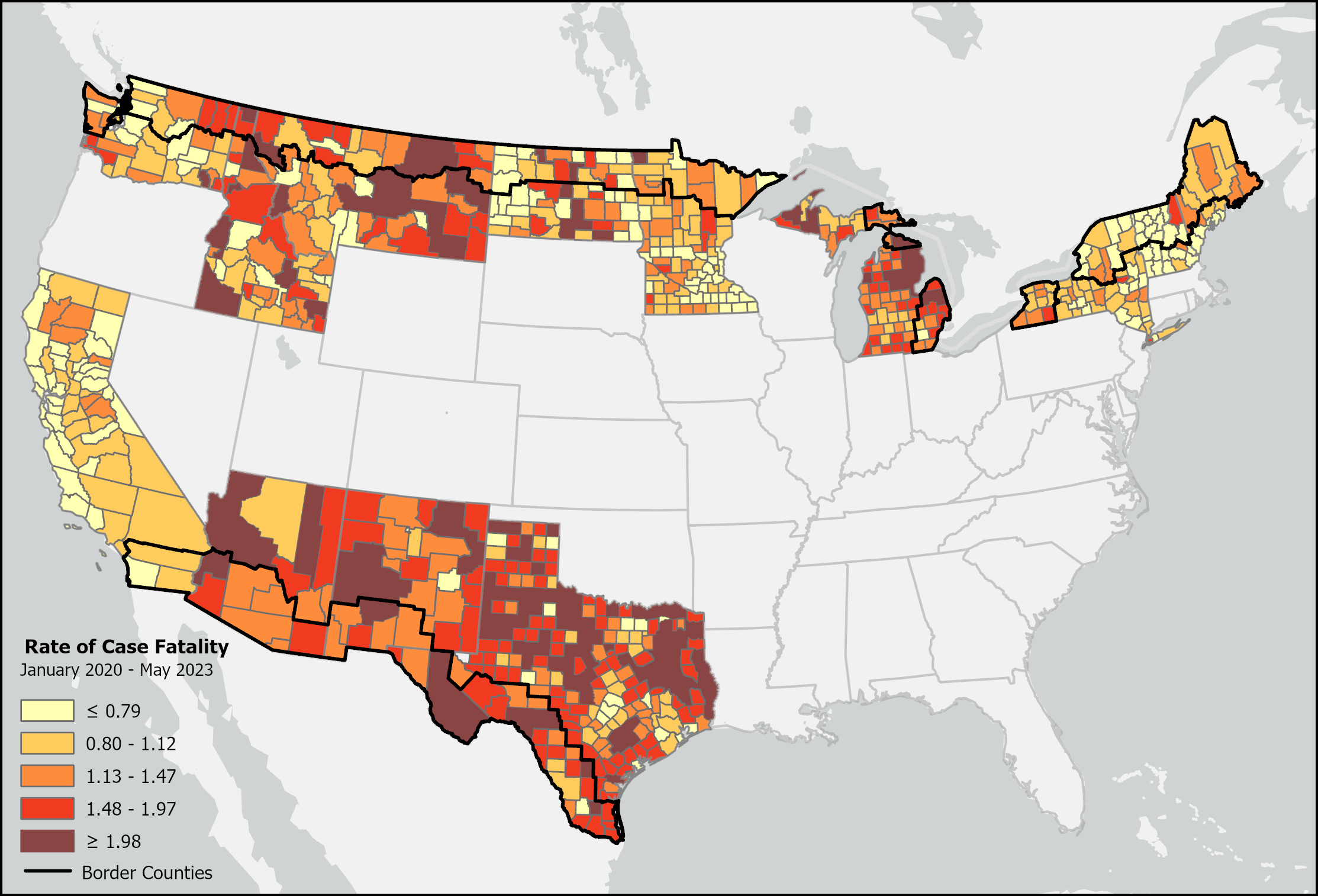 Map of the United States showing COVID case fatality rate in border states, broken down by county. From January 2020 to May 2023.