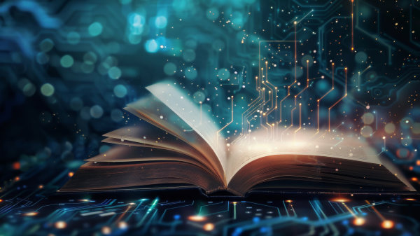 Open magic book with digital smart service icons