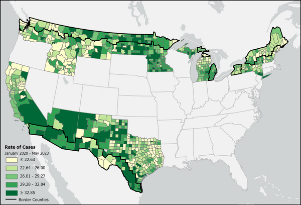 Map of the United States showing the rate of COVID cases in border states, broken down by county. From January 2020 to May 2023.