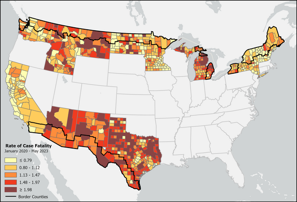 Map of the United States showing COVID case fatality rate in border states, broken down by county. From January 2020 to May 2023.